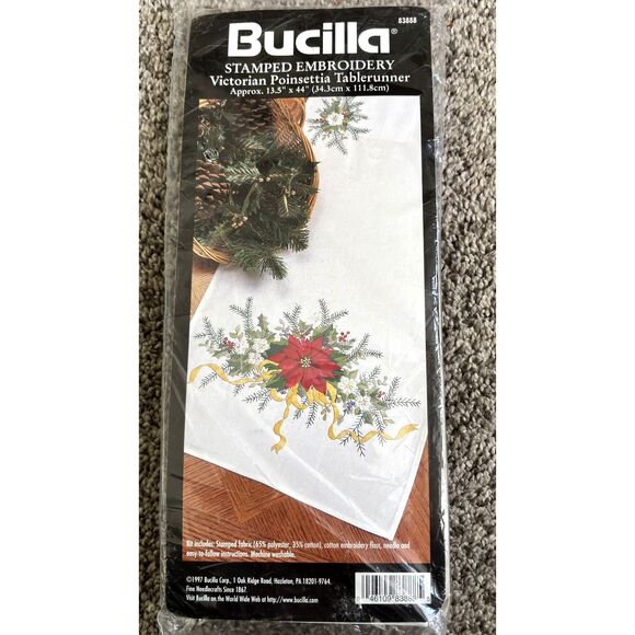 BUCILLA Vintage Stamped Embroidery Victorian Poinsettia Table Runner 13.5"x 44" - Picture 1 of 6